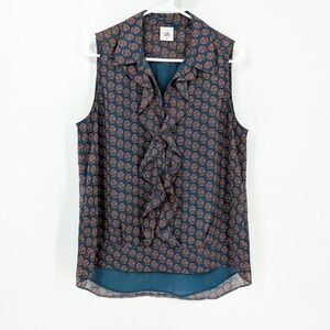 CAbi‎ Medallion Reign Sleeveless Ruffle Front Blouse Teal Orange Women's Size M